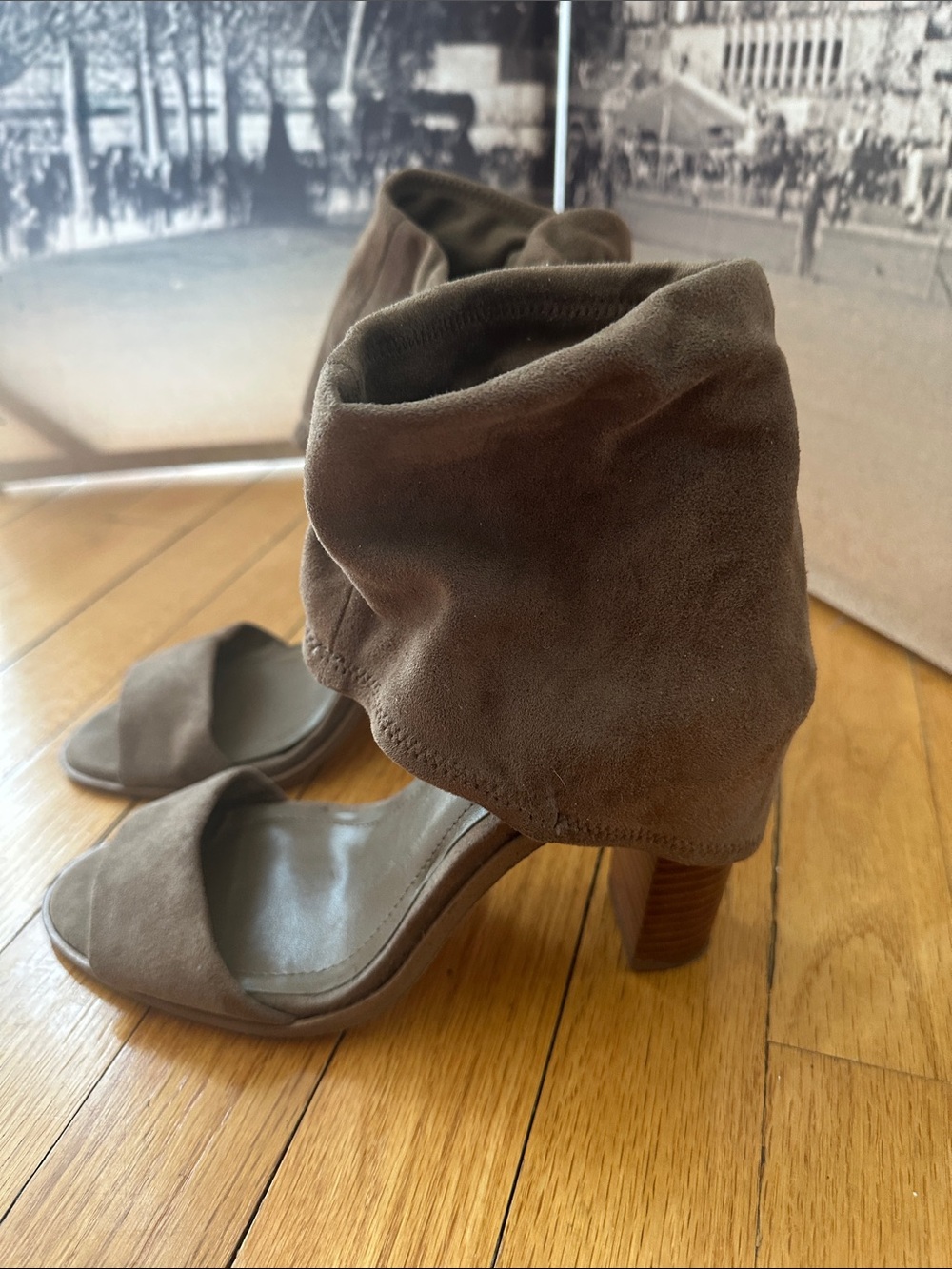 BCBGMaxAzria Taupe Suede Slouch Ankle-Heel Sandals